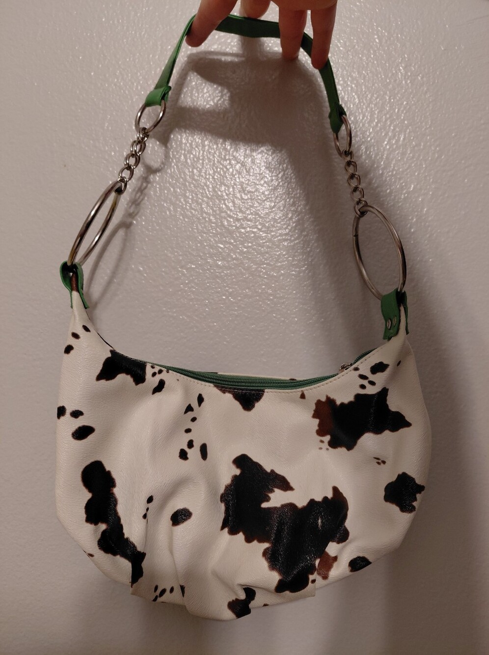 Y2K Chunky Ring Chain Strap Green Cow Print Shoulder Purse - Picture 1 of 6